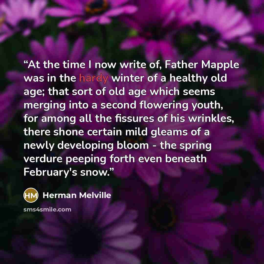 “At the time I now write of, Father Mapple was in the hardy winter of a healthy old age; that sort of old age which seems merging into a second flowering youth, for among all the fissures of his wrinkles, there shone certain mild gleams of a newly developing bloom - the spring verdure peeping forth…” quote by Herman Melville