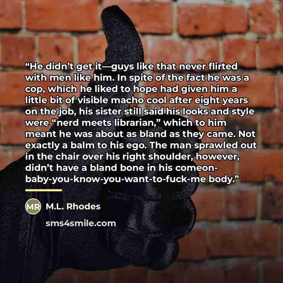 “He didn’t get it—guys like that never flirted with men like him. In spite of the fact he was a cop, which he liked to hope had given him a little bit of visible macho cool after eight years on the job, his sister still said his looks and style were “nerd meets librarian,” which to him meant he was…” quote by M.L. Rhodes