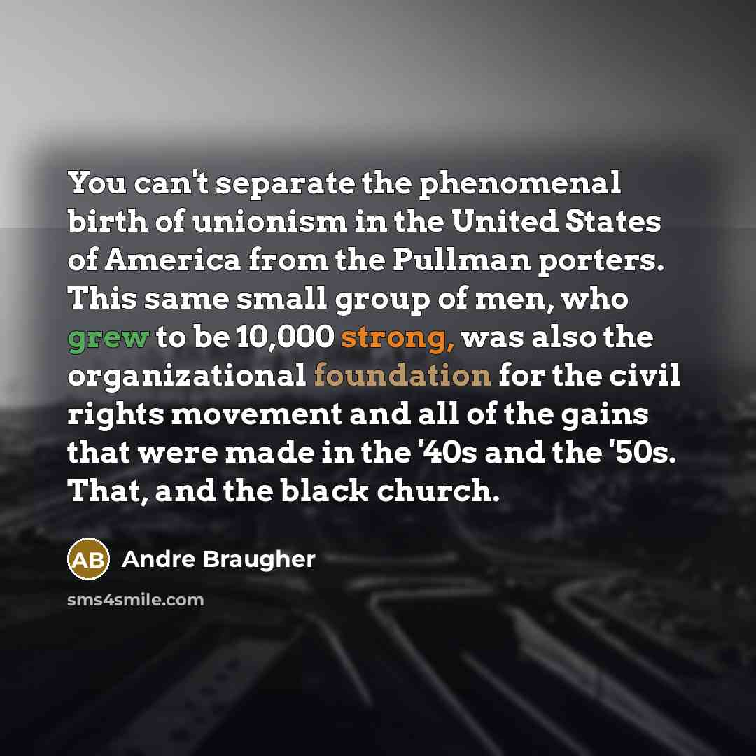 “You can't separate the phenomenal birth of unionism in the United States of America from the Pullman porters. This same small group of men, who grew to be 10,000 strong, was also the organizational foundation for the civil rights movement and all of the gains that were made in the '40s and the…” quote by Andre Braugher