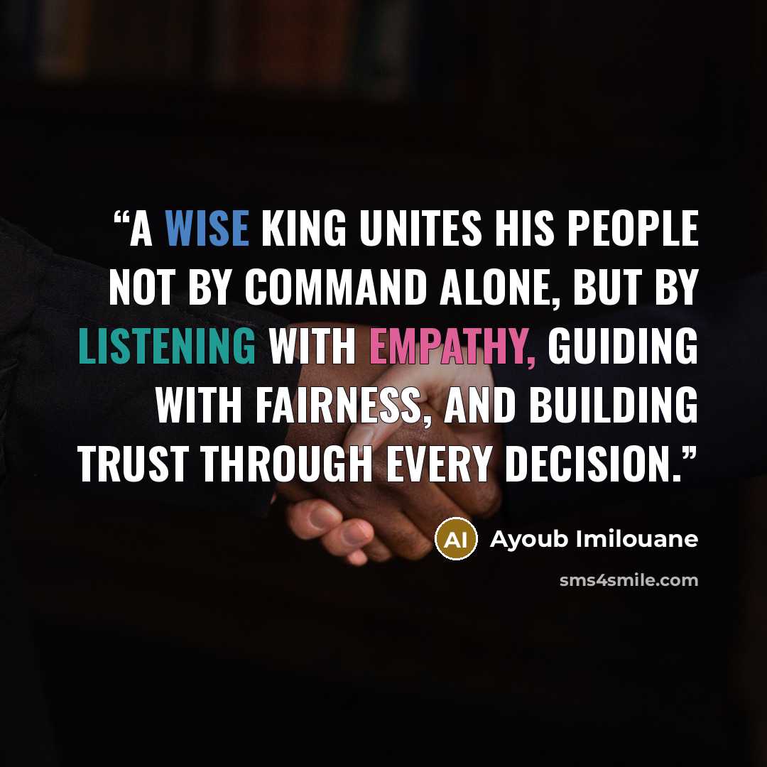 “A wise king unites his people not by command alone, but by listening with empathy, guiding with fairness, and building trust through every decision.” quote by Ayoub Imilouane