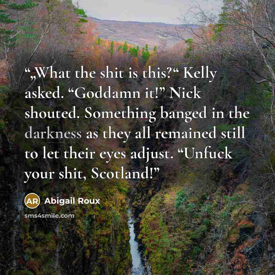 “„What the shit is this?“ Kelly asked. “Goddamn it!” Nick shouted. Something banged in the darkness as they all remained still to let their eyes adjust. “Unfuck your shit, Scotland!” quote by Abigail Roux