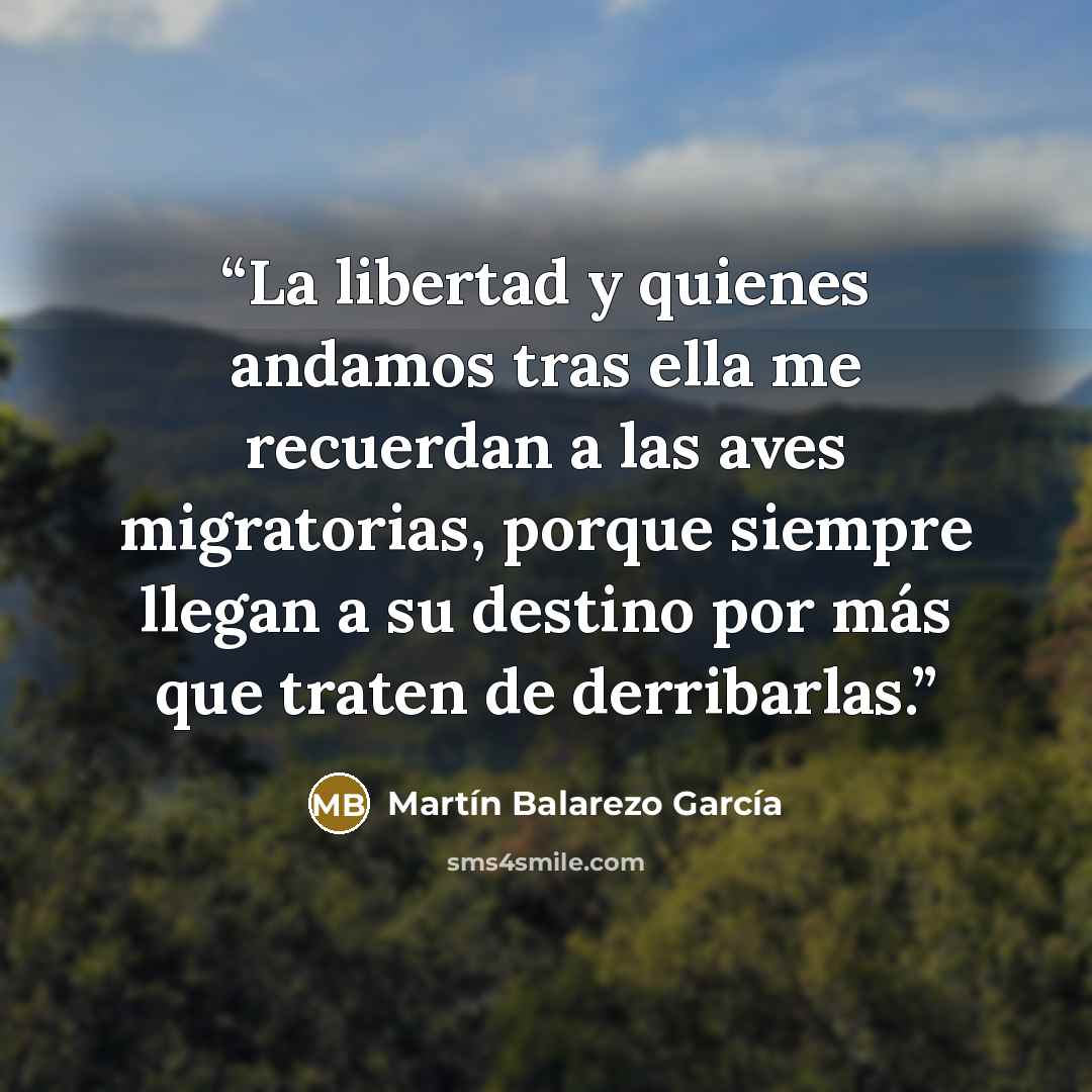 “La libertad y quienes andamos tras ella me recuerdan a las aves migratorias, porque siempre llegan a su destino por más que traten de derribarlas.” quote by Martín Balarezo García