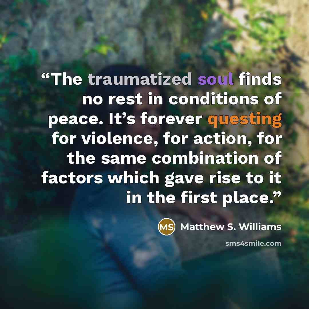 “The traumatized soul finds no rest in conditions of peace. It’s forever questing for violence, for action, for the same combination of factors which gave rise to it in the first place.” quote by Matthew S. Williams