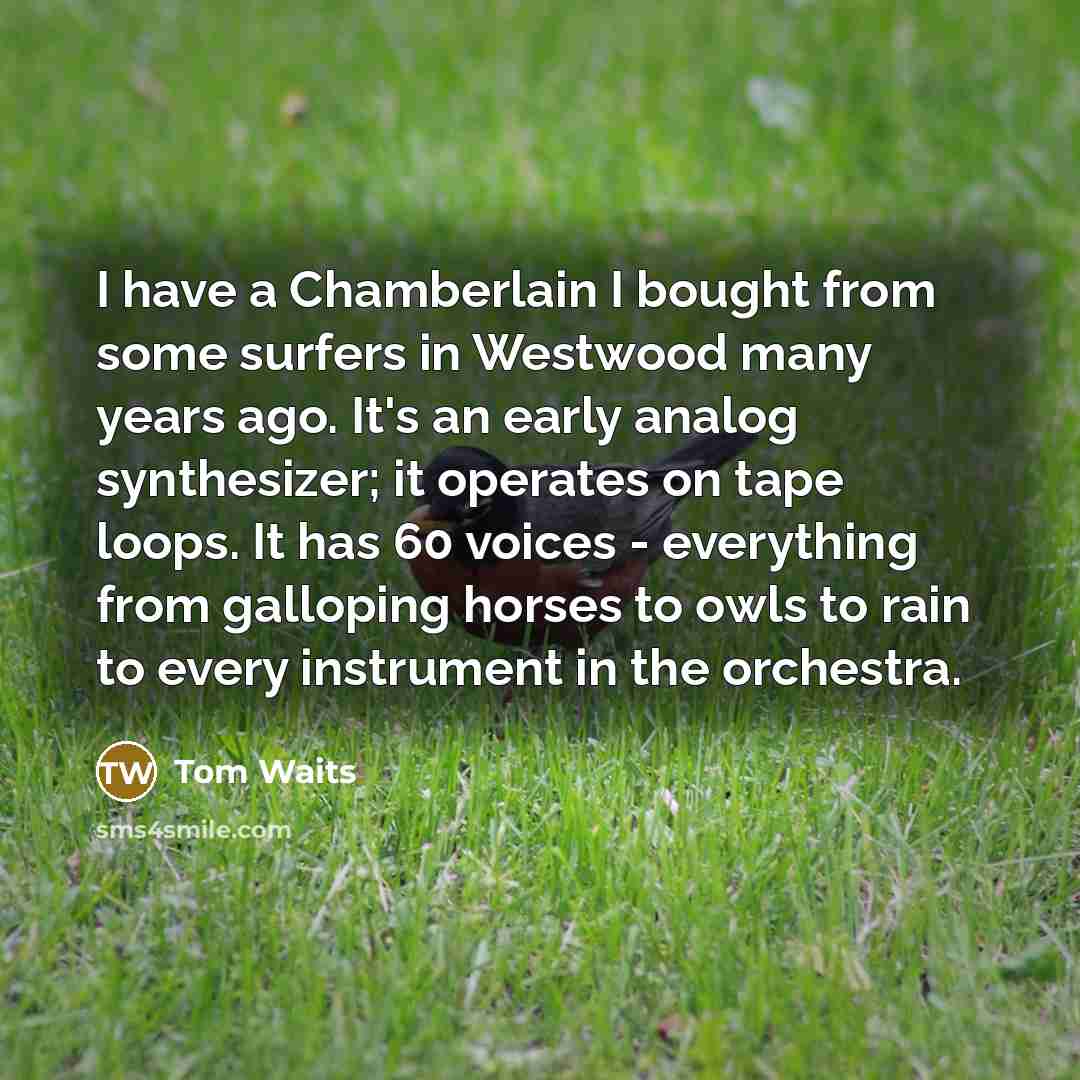 “I have a Chamberlain I bought from some surfers in Westwood many years ago. It's an early analog synthesizer; it operates on tape loops. It has 60 voices - everything from galloping horses to owls to rain to every instrument in the orchestra.” quote by Tom Waits