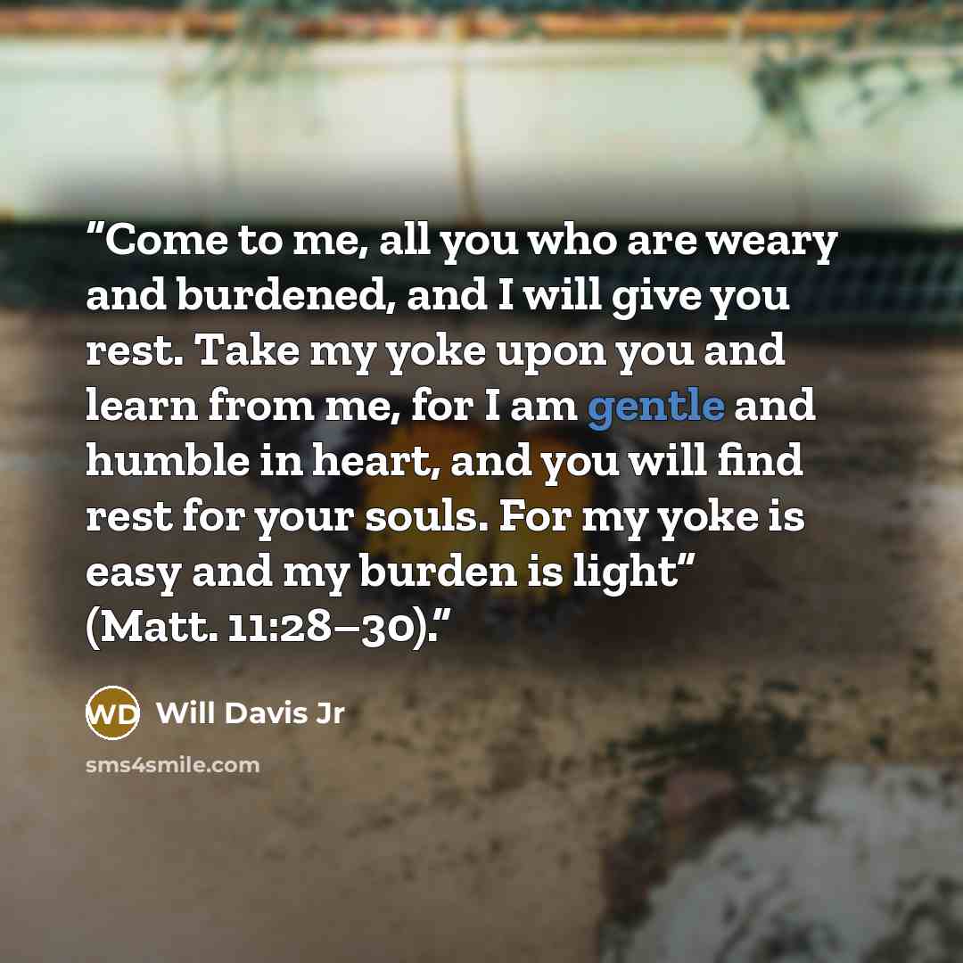 “Come to me, all you who are weary and burdened, and I will give you rest. Take my yoke upon you and learn from me, for I am gentle and humble in heart, and you will find rest for your souls. For my yoke is easy and my burden is light” (Matt. 11:28–30).” quote by Will Davis Jr
