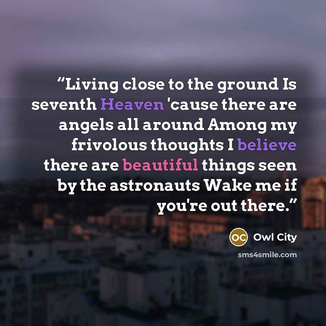 “Living close to the ground Is seventh Heaven 'cause there are angels all around Among my frivolous thoughts I believe there are beautiful things seen by the astronauts Wake me if you're out there.” quote by Owl City
