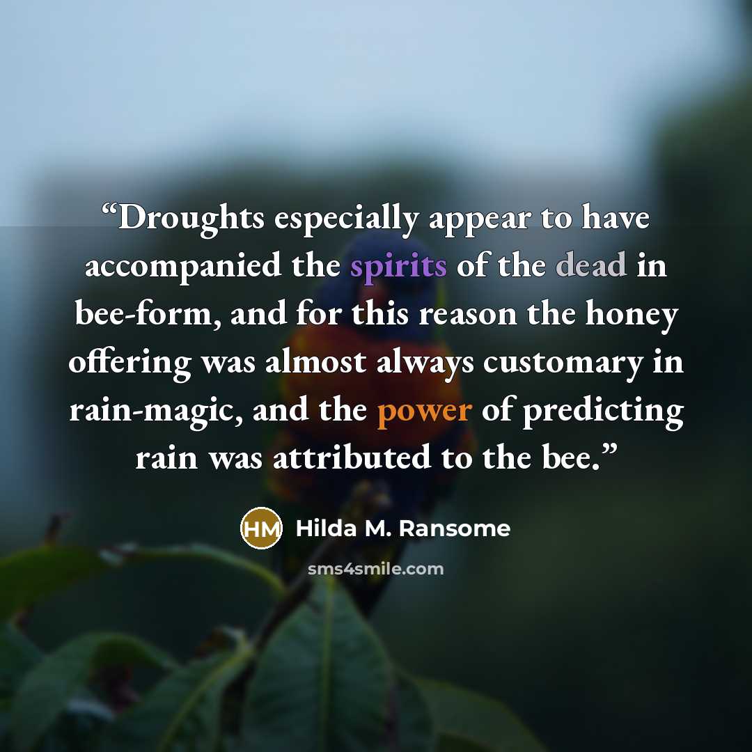 “Droughts especially appear to have accompanied the spirits of the dead in bee-form, and for this reason the honey offering was almost always customary in rain-magic, and the power of predicting rain was attributed to the bee.” quote by Hilda M. Ransome