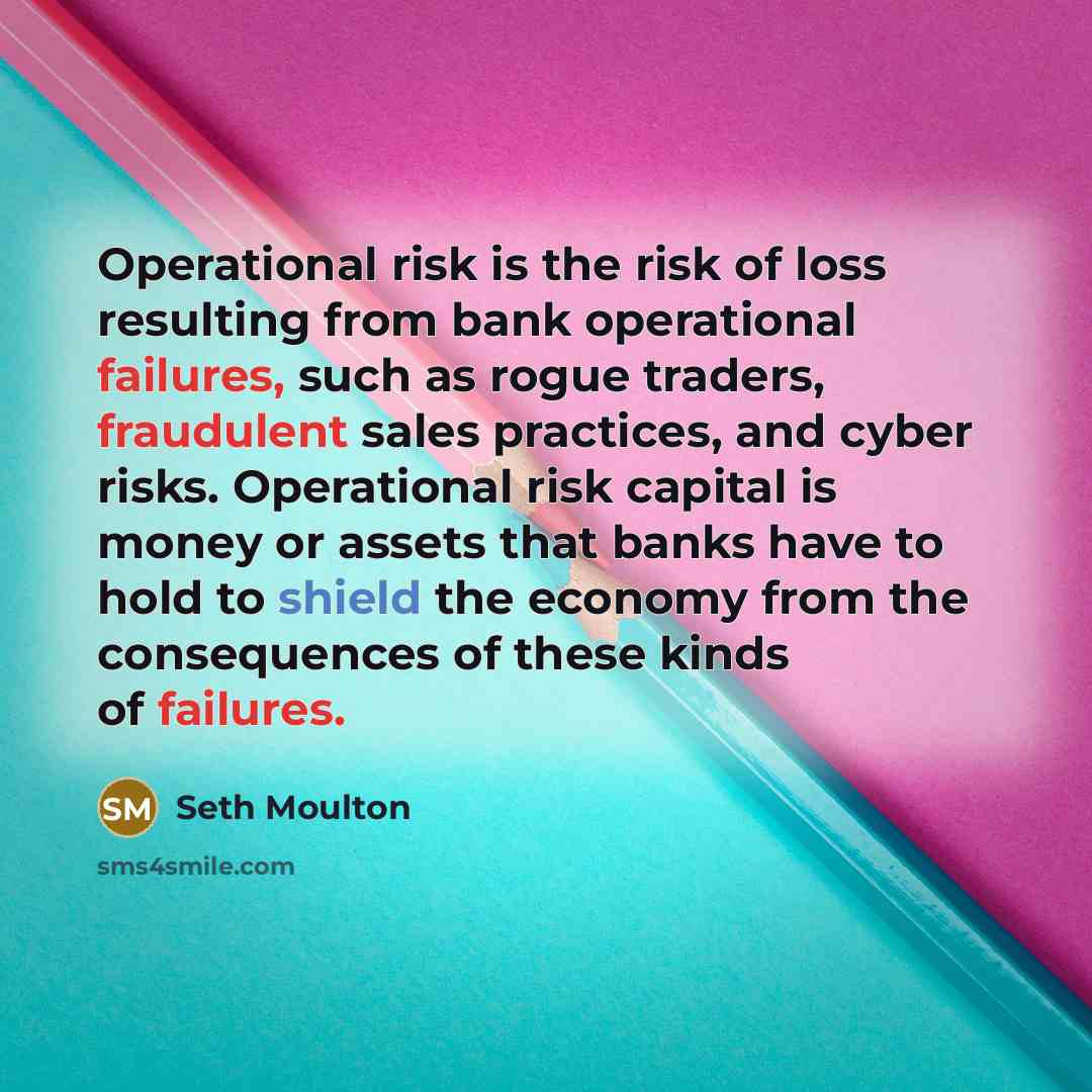 “Operational risk is the risk of loss resulting from bank operational failures, such as rogue traders, fraudulent sales practices, and cyber risks. Operational risk capital is money or assets that banks have to hold to shield the economy from the consequences of these kinds of failures.” quote by Seth Moulton