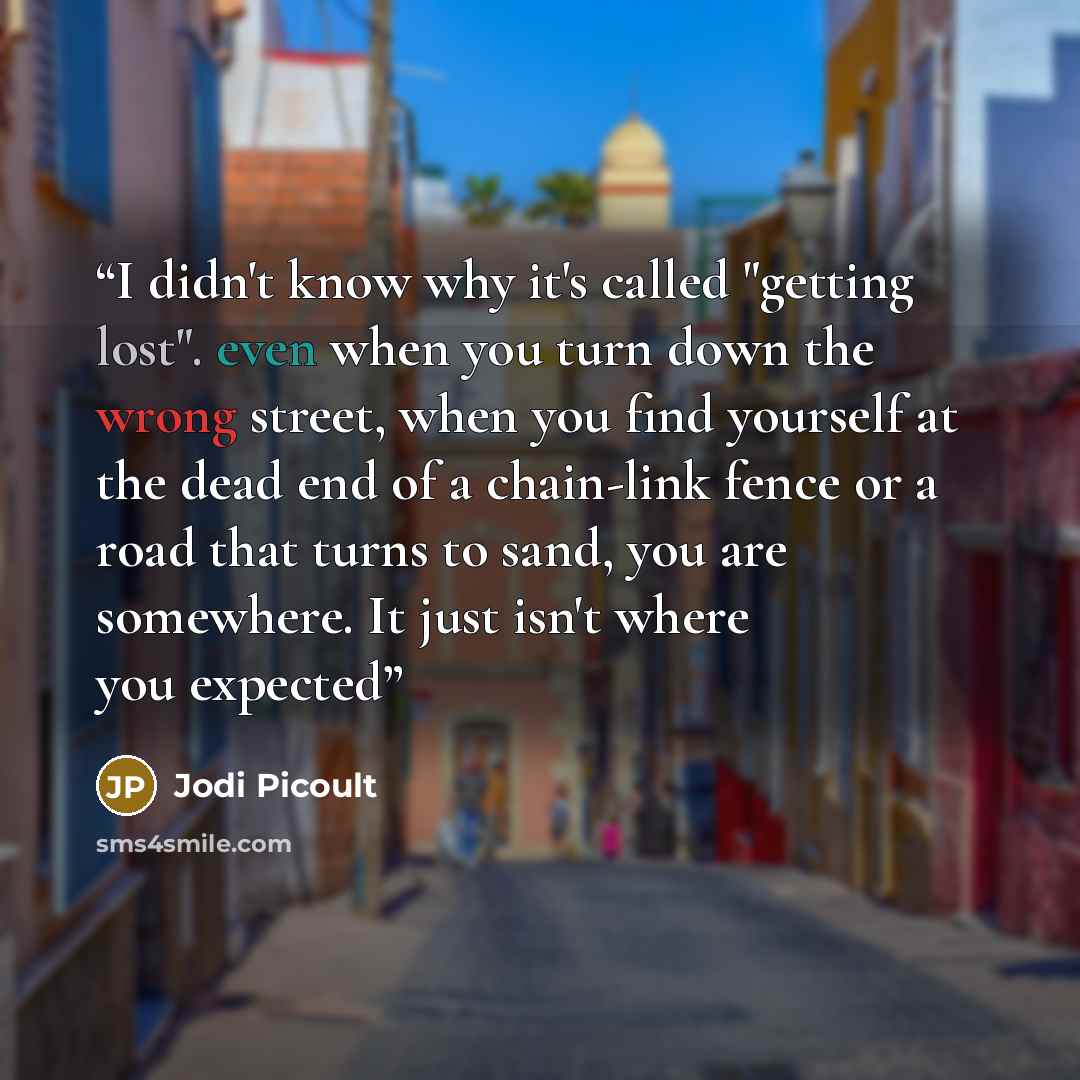 “I didn't know why it's called "getting lost". even when you turn down the wrong street, when you find yourself at the dead end of a chain-link fence or a road that turns to sand, you are somewhere. It just isn't where you expected” quote by Jodi Picoult