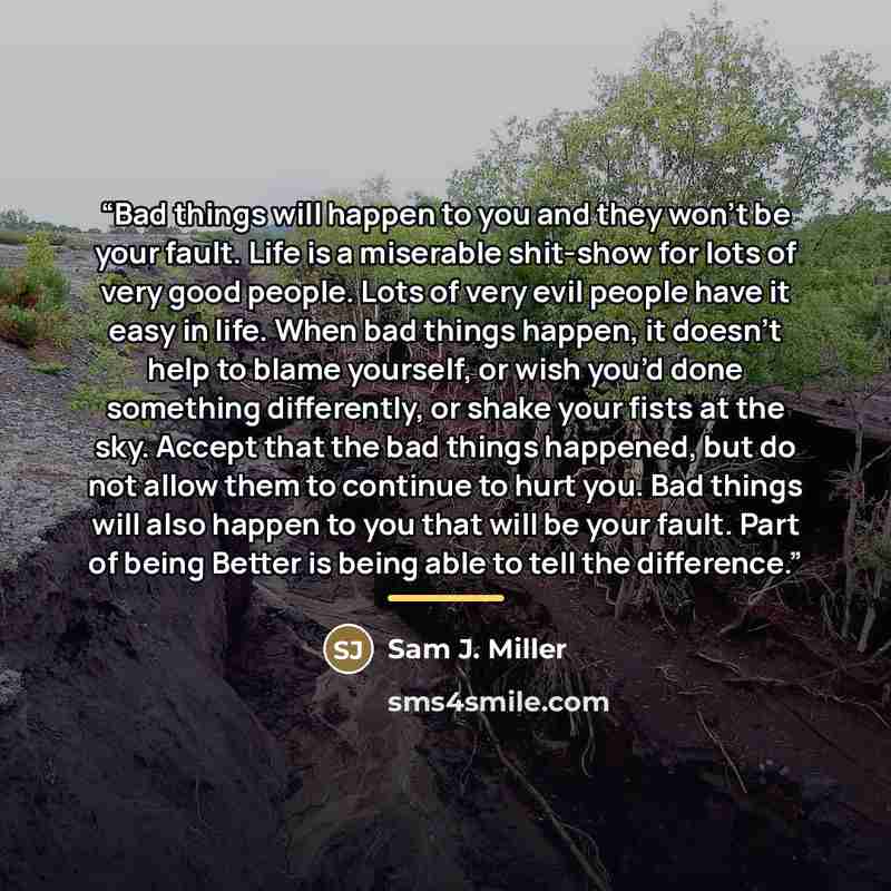 “Bad things will happen to you and they won’t be your fault. Life is a miserable shit-show for lots of very good people. Lots of very evil people have it easy in life. When bad things happen, it doesn’t help to blame yourself, or wish you’d done something differently, or shake your fists at the…” quote by Sam J. Miller