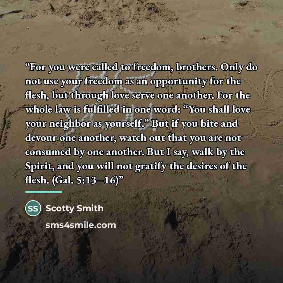 “For you were called to freedom, brothers. Only do not use your freedom as an opportunity for the flesh, but through love serve one another. For the whole law is fulfilled in one word: “You shall love your neighbor as yourself.” But if you bite and devour one another, watch out that you are not…” quote by Scotty Smith