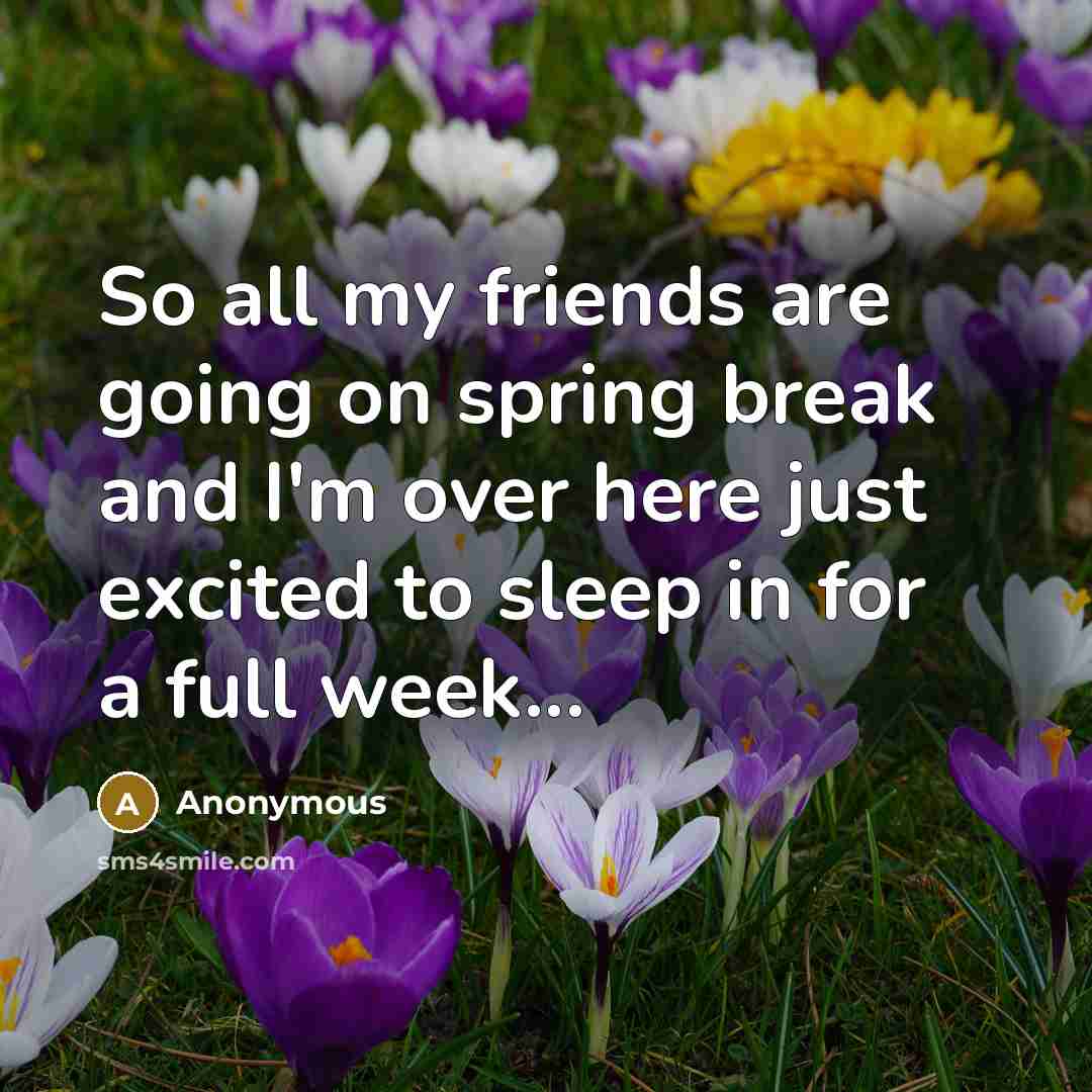 “So all my friends are going on spring break and I'm over here just excited to sleep in for a full week...” quote by Anonymous