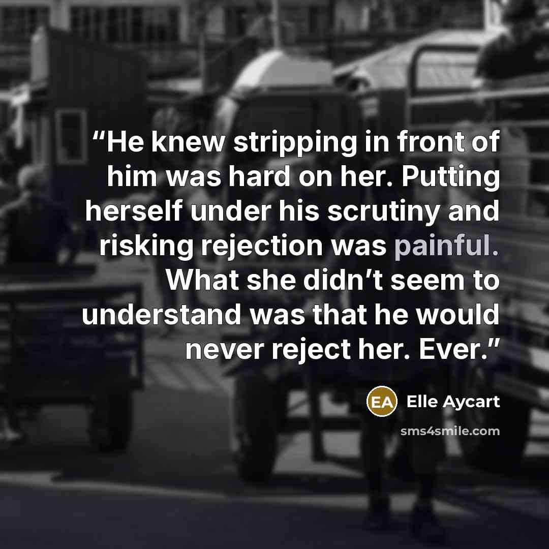 “He knew stripping in front of him was hard on her. Putting herself under his scrutiny and risking rejection was painful. What she didn’t seem to understand was that he would never reject her. Ever.” quote by Elle Aycart
