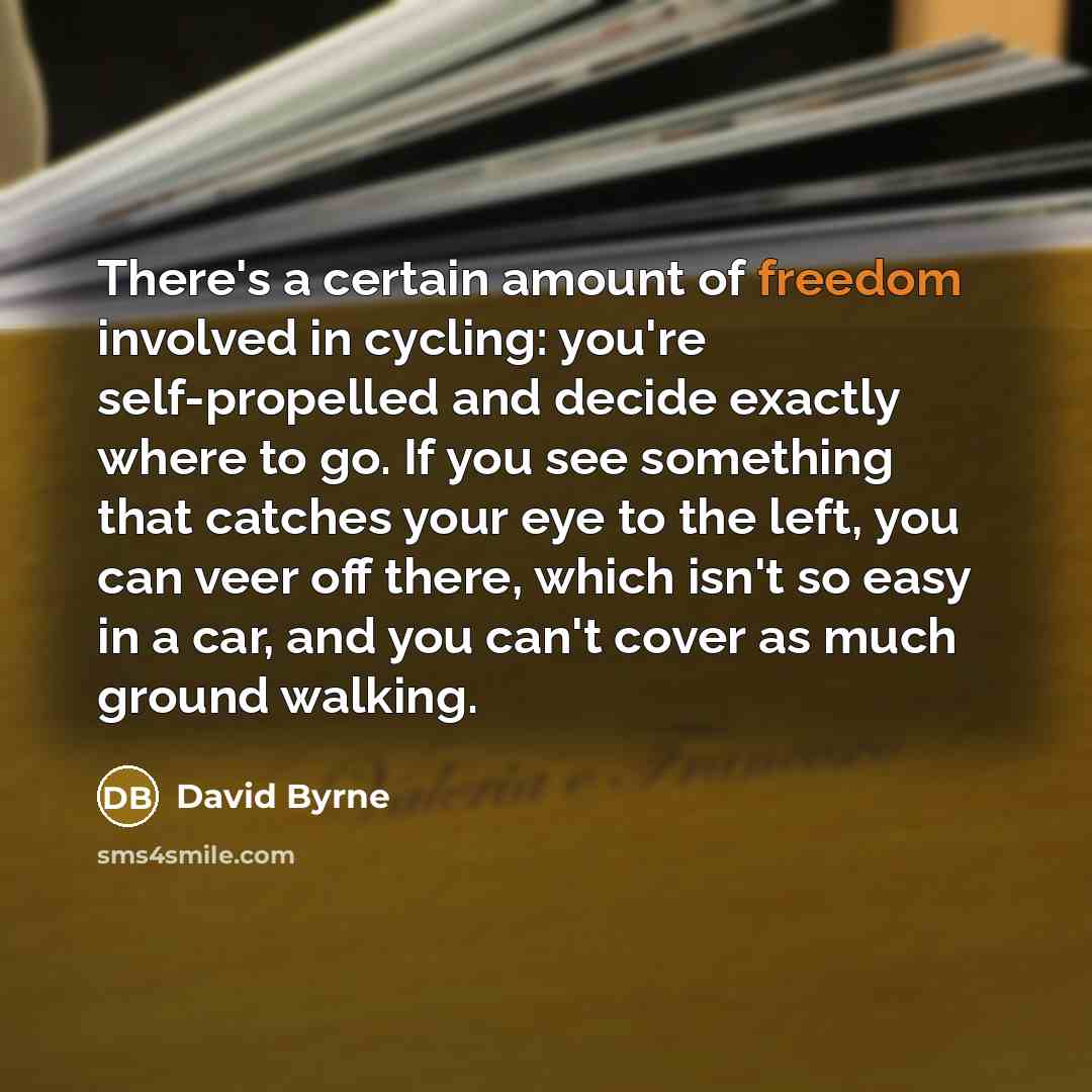 “There's a certain amount of freedom involved in cycling: you're self-propelled and decide exactly where to go. If you see something that catches your eye to the left, you can veer off there, which isn't so easy in a car, and you can't cover as much ground walking.” quote by David Byrne