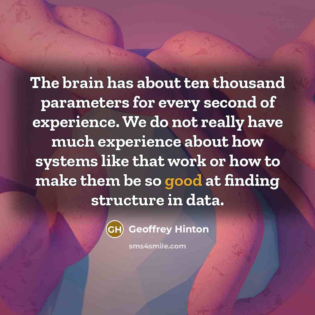 “The brain has about ten thousand parameters for every second of experience. We do not really have much experience about how systems like that work or how to make them be so good at finding structure in data.” quote by Geoffrey Hinton