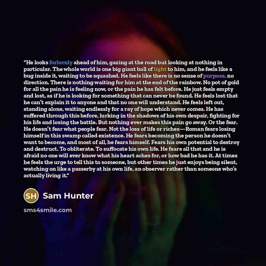 “He looks forlornly ahead of him, gazing at the road but looking at nothing in particular. The whole world is one big giant ball of light to him, and he feels like a bug inside it, waiting to be squashed. He feels like there is no sense of purpose, no direction. There is nothing waiting for him at…” quote by Sam Hunter
