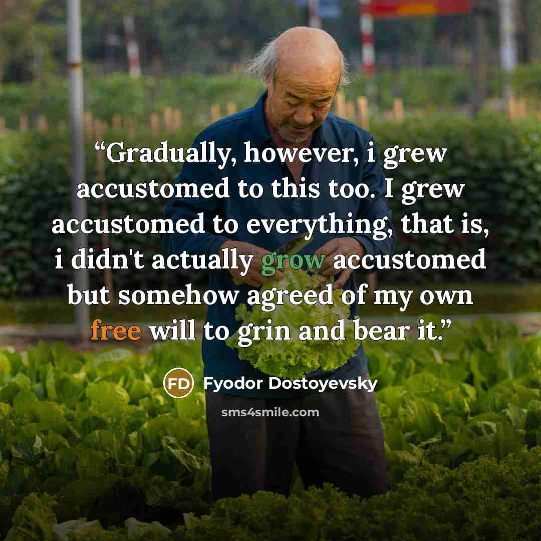“Gradually, however, i grew accustomed to this too. I grew accustomed to everything, that is, i didn't actually grow accustomed but somehow agreed of my own free will to grin and bear it.” quote by Fyodor Dostoyevsky
