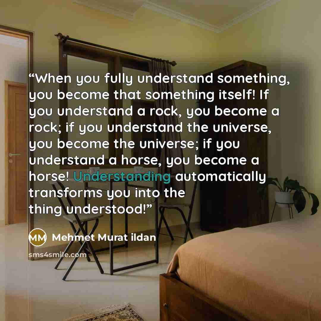 “When you fully understand something, you become that something itself! If you understand a rock, you become a rock; if you understand the universe, you become the universe; if you understand a horse, you become a horse! Understanding automatically transforms you into the thing understood!” quote by Mehmet Murat ildan