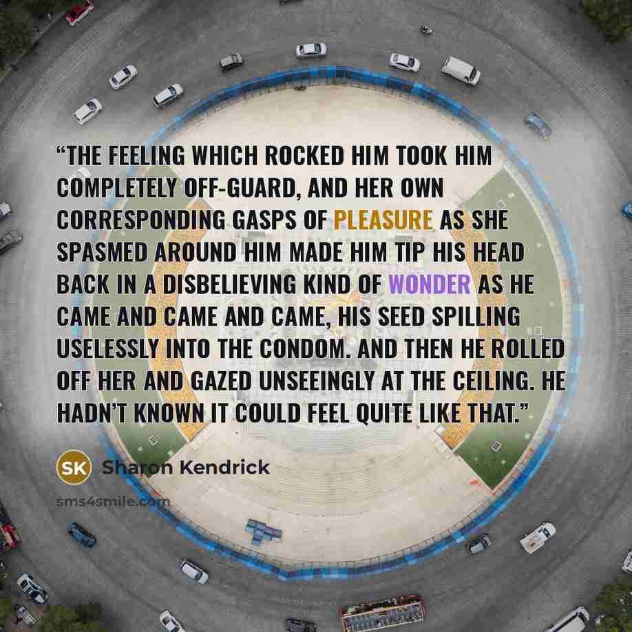 “The feeling which rocked him took him completely off-guard, and her own corresponding gasps of pleasure as she spasmed around him made him tip his head back in a disbelieving kind of wonder as he came and came and came, his seed spilling uselessly into the condom. And then he rolled off her and…” quote by Sharon Kendrick