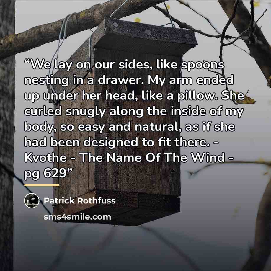 “We lay on our sides, like spoons nesting in a drawer. My arm ended up under her head, like a pillow. She curled snugly along the inside of my body, so easy and natural, as if she had been designed to fit there. - Kvothe - The Name Of The Wind - pg 629” quote by Patrick Rothfuss