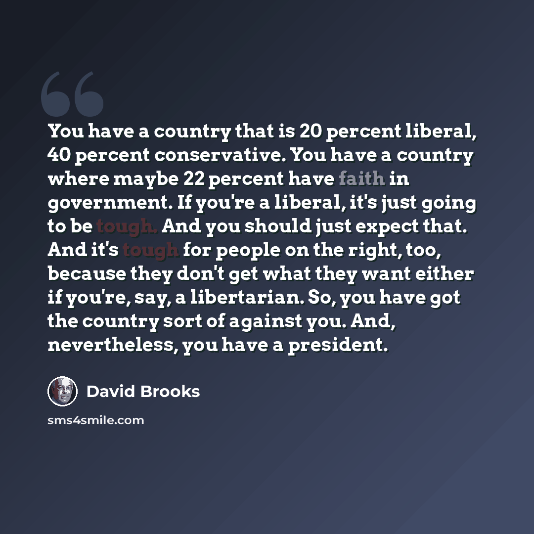 “You have a country that is 20 percent liberal, 40 percent conservative. You have a country where maybe 22 percent have faith in government. If you're a liberal, it's just going to be tough. And you should just expect that. And it's tough for people on the right, too, because they don't get what…” quote by David Brooks