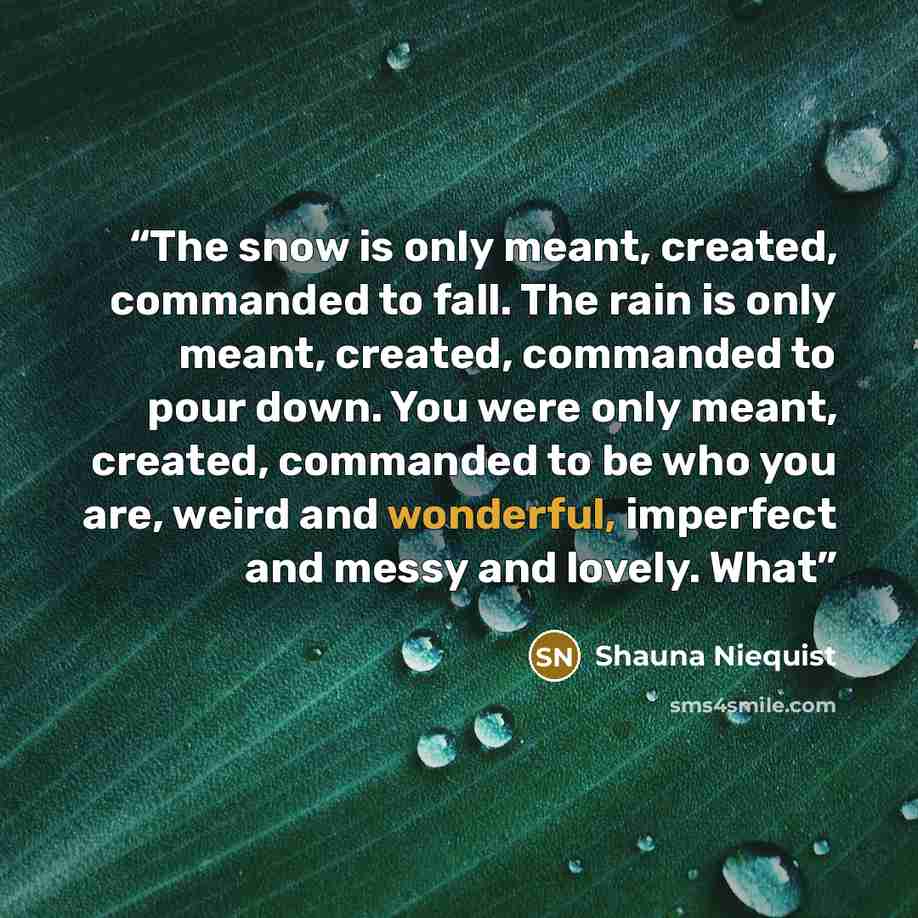 “The snow is only meant, created, commanded to fall. The rain is only meant, created, commanded to pour down. You were only meant, created, commanded to be who you are, weird and wonderful, imperfect and messy and lovely. What” quote by Shauna Niequist