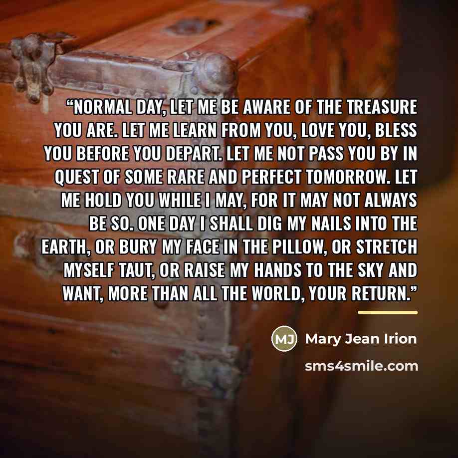 “Normal day, let me be aware of the treasure you are. Let me learn from you, love you, bless you before you depart. Let me not pass you by in quest of some rare and perfect tomorrow. Let me hold you while I may, for it may not always be so. One day I shall dig my nails into the earth, or bury my…” quote by Mary Jean Irion