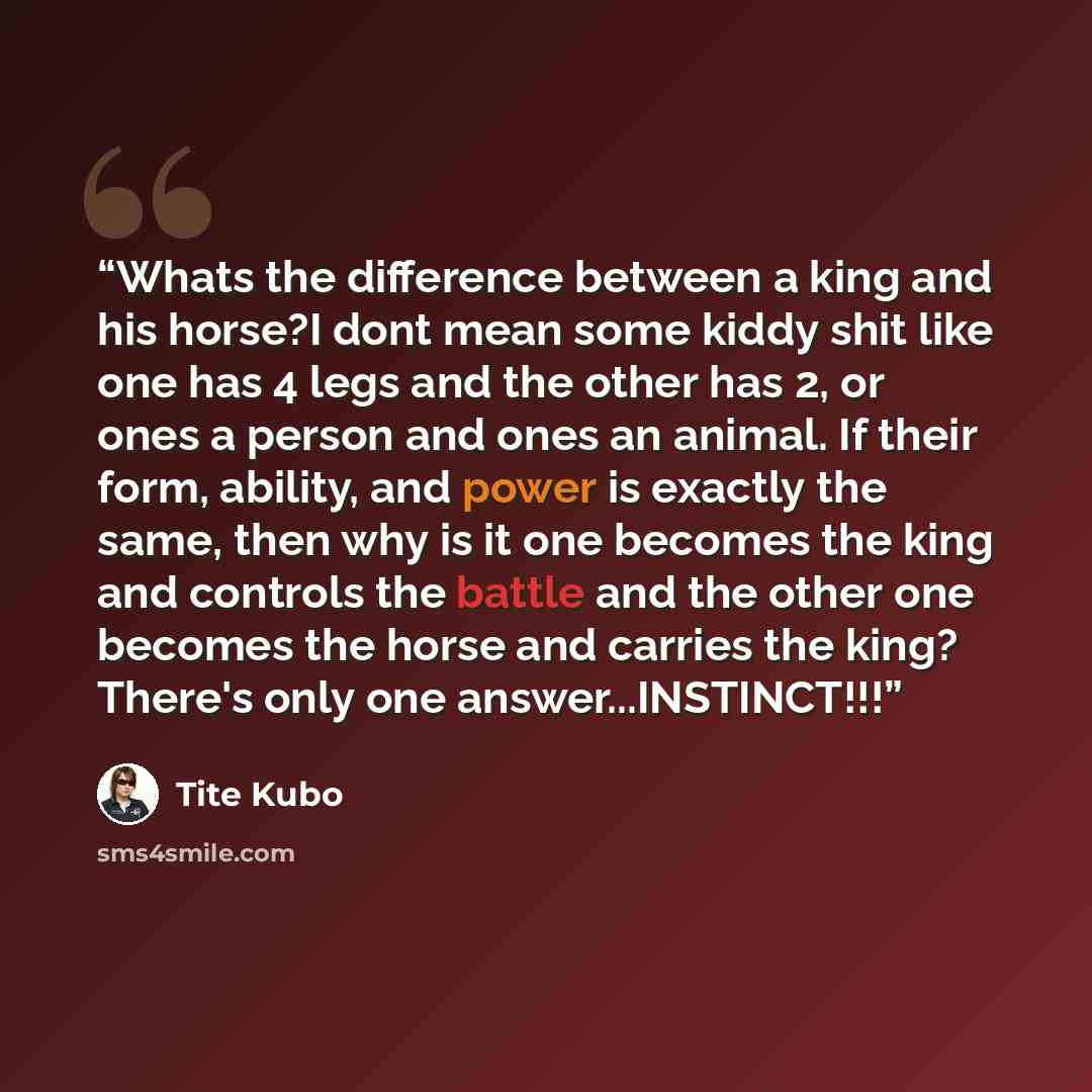 “Whats the difference between a king and his horse?I dont mean some kiddy shit like one has 4 legs and the other has 2, or ones a person and ones an animal. If their form, ability, and power is exactly the same, then why is it one becomes the king and controls the battle and the other one becomes…” quote by Tite Kubo