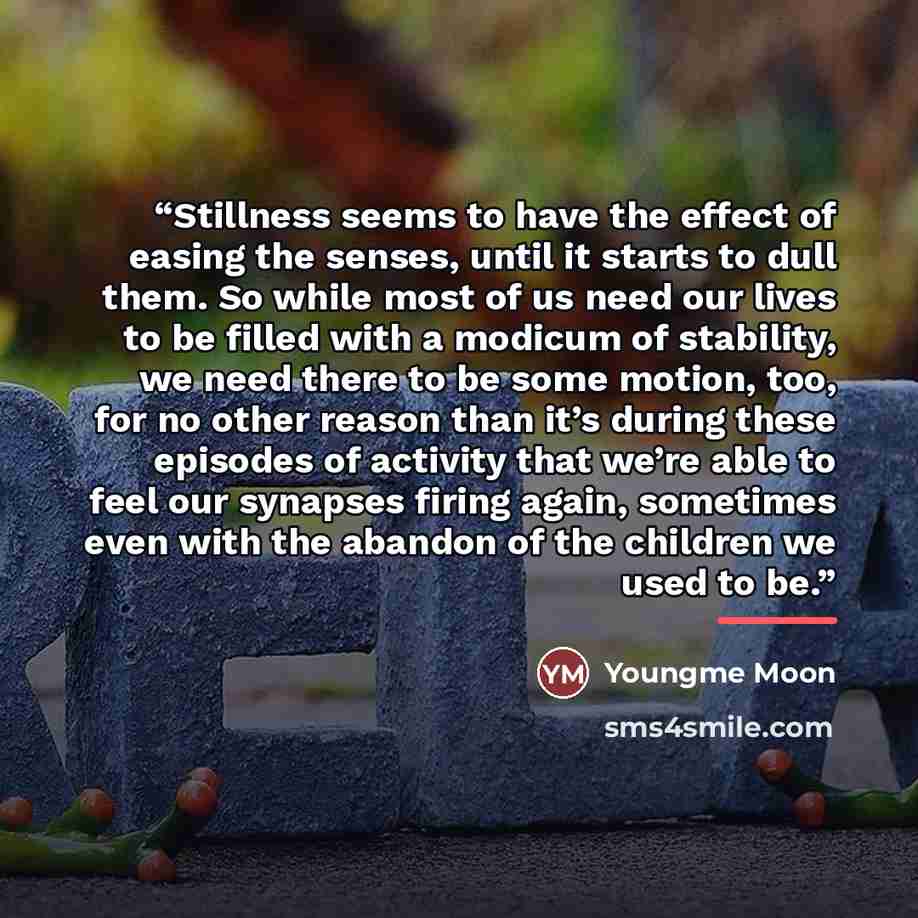 “Stillness seems to have the effect of easing the senses, until it starts to dull them. So while most of us need our lives to be filled with a modicum of stability, we need there to be some motion, too, for no other reason than it’s during these episodes of activity that we’re able to feel our…” quote by Youngme Moon