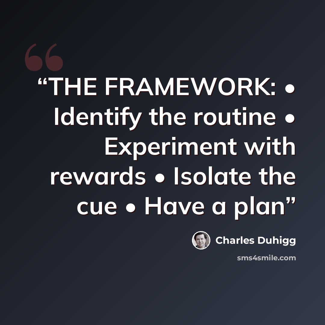 “THE FRAMEWORK: • Identify the routine • Experiment with rewards • Isolate the cue • Have a plan” quote by Charles Duhigg