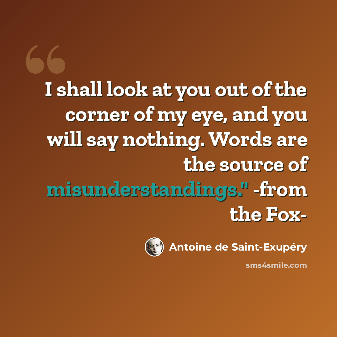 “I shall look at you out of the corner of my eye, and you will say nothing. Words are the source of misunderstandings." -from the Fox-” quote by Antoine de Saint-Exupery