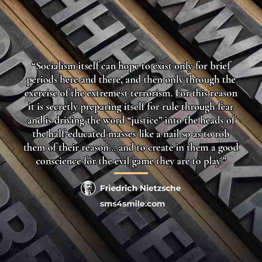 “Socialism itself can hope to exist only for brief periods here and there, and then only through the exercise of the extremest terrorism. For this reason it is secretly preparing itself for rule through fear and is driving the word “justice” into the heads of the half-educated masses like a nail so…” quote by Friedrich Nietzsche