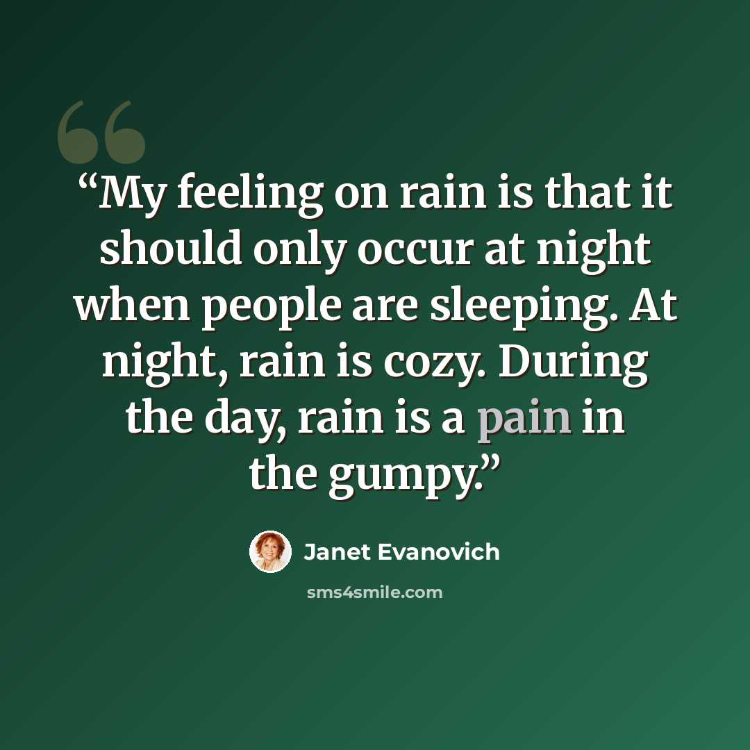 “My feeling on rain is that it should only occur at night when people are sleeping. At night, rain is cozy. During the day, rain is a pain in the gumpy.” quote by Janet Evanovich