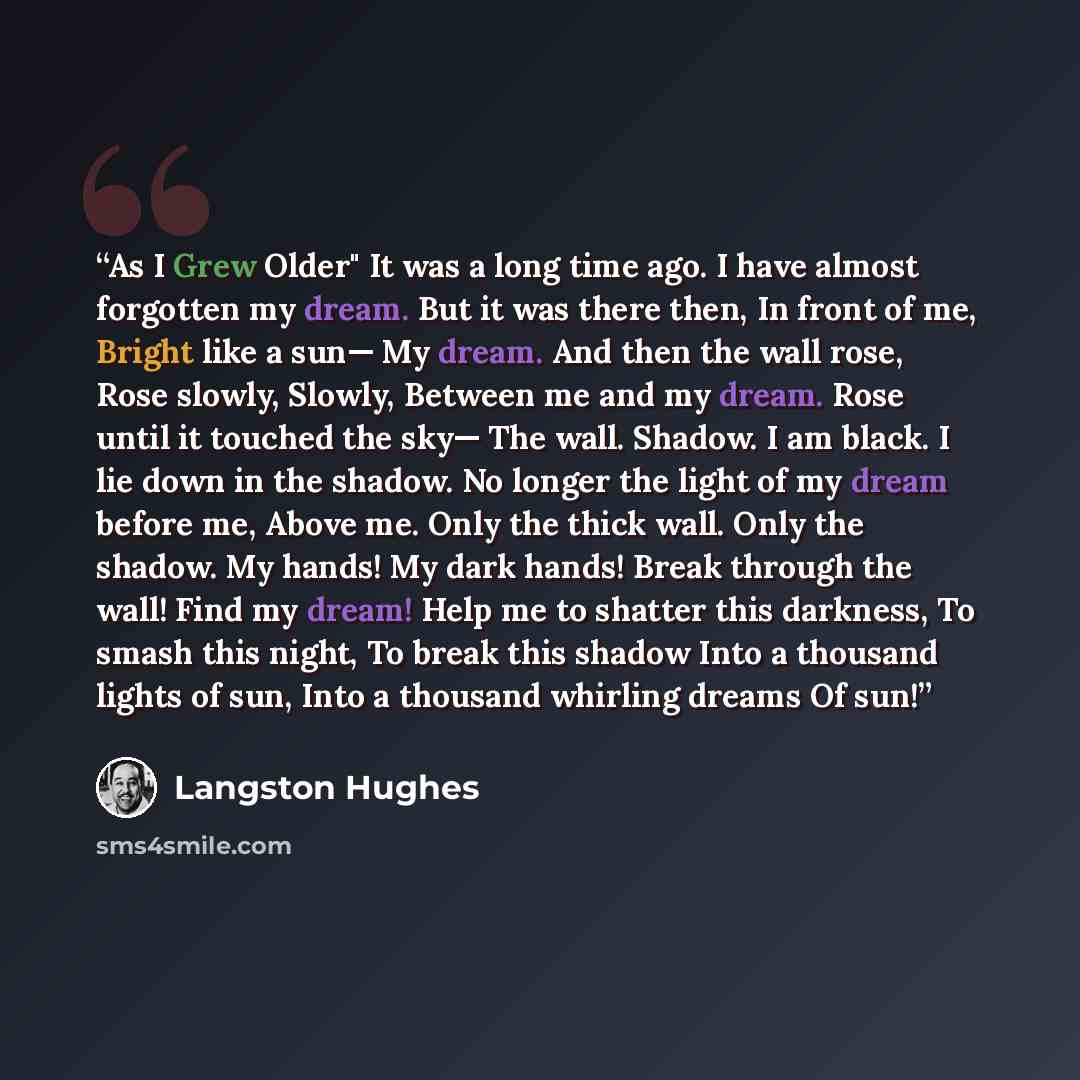 “As I Grew Older" It was a long time ago. I have almost forgotten my dream. But it was there then, In front of me, Bright like a sun— My dream. And then the wall rose, Rose slowly, Slowly, Between me and my dream. Rose until it touched the sky— The wall. Shadow. I am black. I lie down in the…” quote by Langston Hughes