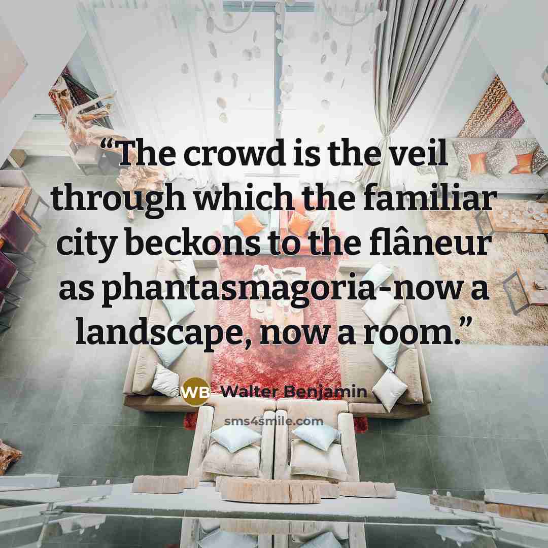 “The crowd is the veil through which the familiar city beckons to the flâneur as phantasmagoria-now a landscape, now a room.” quote by Walter Benjamin
