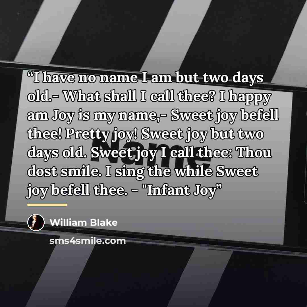 “I have no name I am but two days old.- What shall I call thee? I happy am Joy is my name,- Sweet joy befell thee! Pretty joy! Sweet joy but two days old. Sweet joy I call thee: Thou dost smile. I sing the while Sweet joy befell thee. - "Infant Joy” quote by William Blake