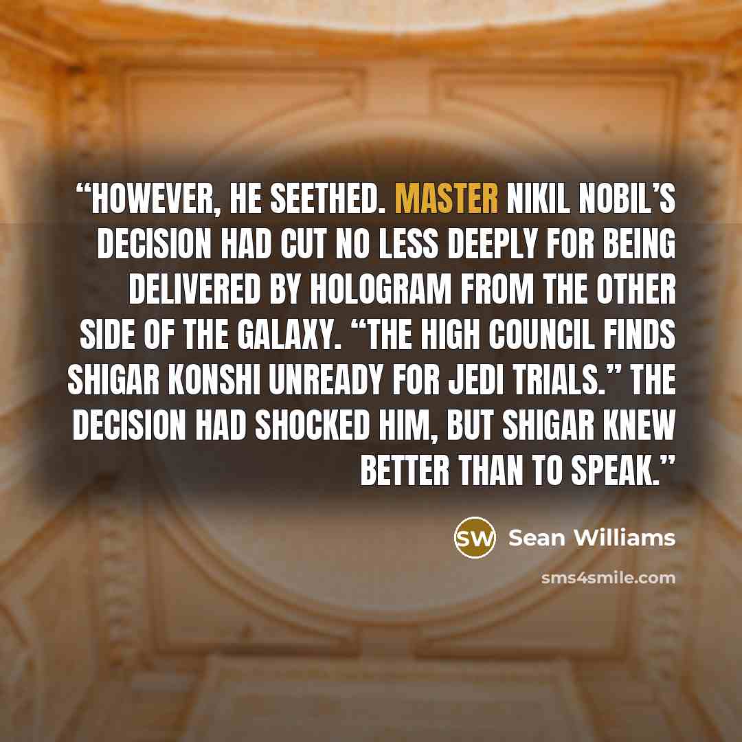 “however, he seethed. Master Nikil Nobil’s decision had cut no less deeply for being delivered by hologram from the other side of the galaxy. “The High Council finds Shigar Konshi unready for Jedi trials.” The decision had shocked him, but Shigar knew better than to speak.” quote by Sean Williams