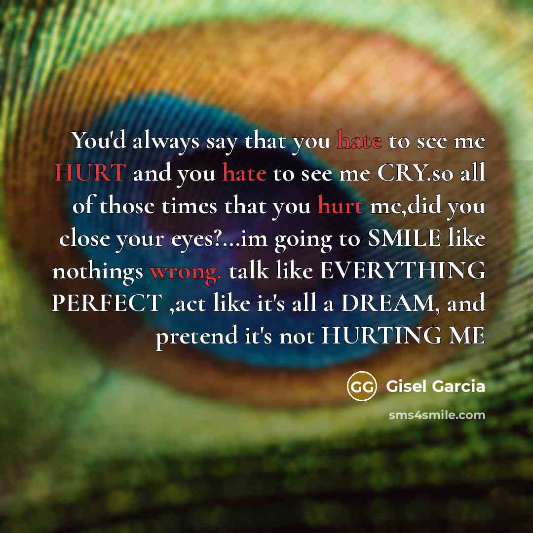 “You'd always say that you hate to see me HURT and you hate to see me CRY.so all of those times that you hurt me,did you close your eyes?…im going to SMILE like nothings wrong. talk like EVERYTHING PERFECT ,act like it's all a DREAM, and pretend it's not HURTING ME” quote by Gisel Garcia