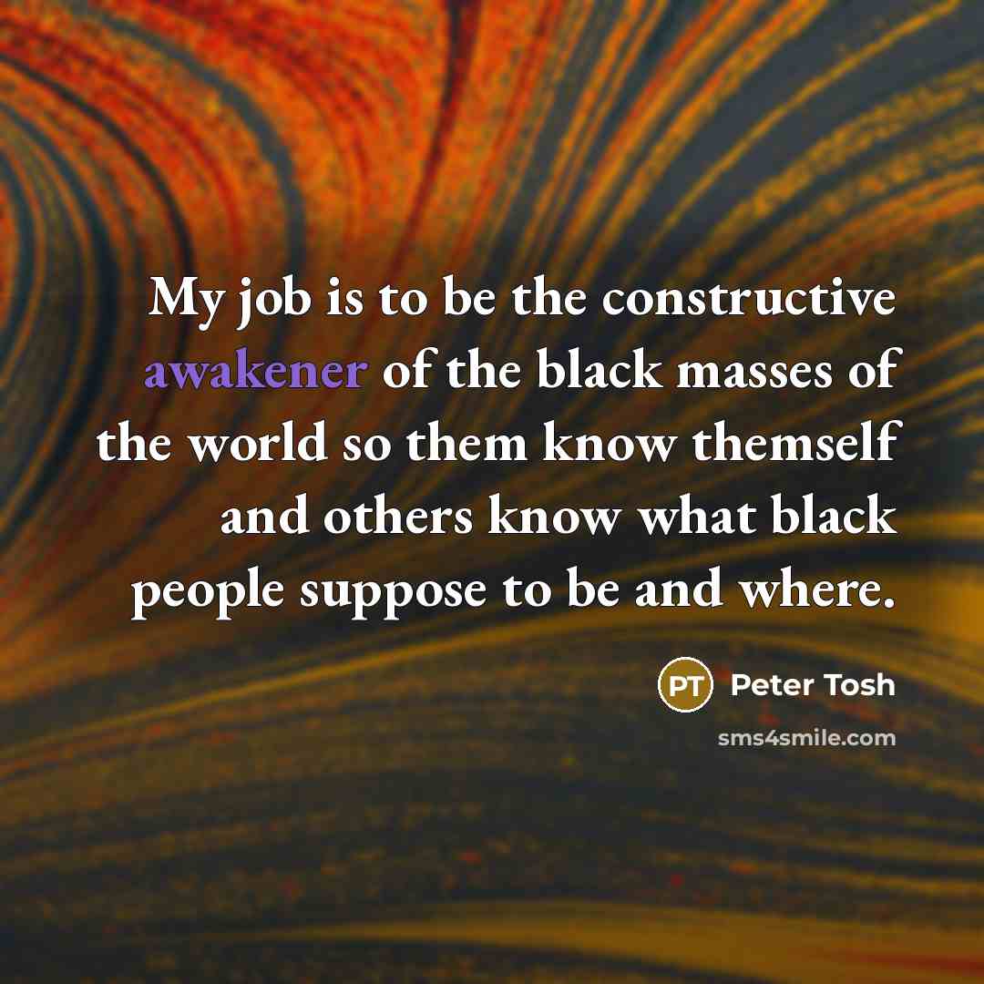 “My job is to be the constructive awakener of the black masses of the world so them know themself and others know what black people suppose to be and where.” quote by Peter Tosh