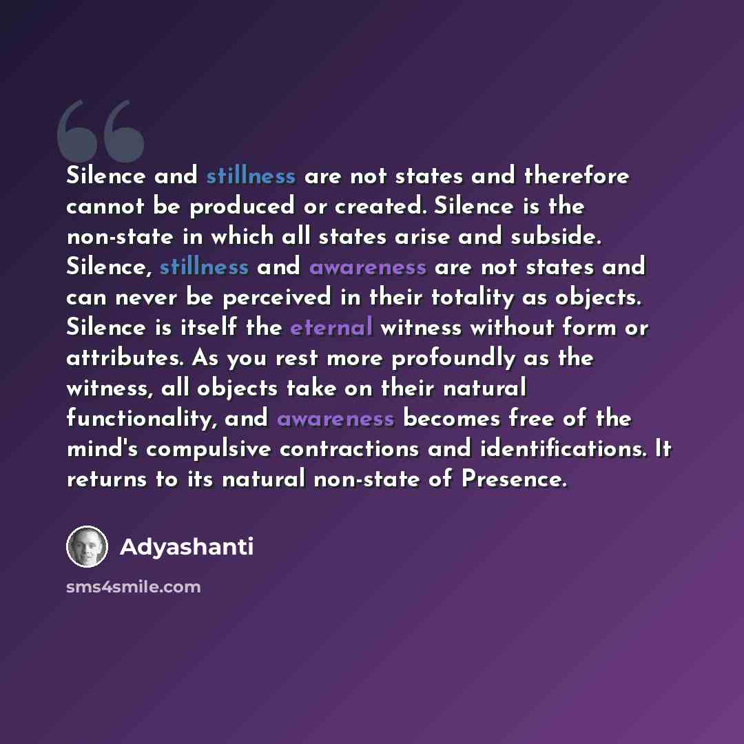 “Silence and stillness are not states and therefore cannot be produced or created. Silence is the non-state in which all states arise and subside. Silence, stillness and awareness are not states and can never be perceived in their totality as objects. Silence is itself the eternal witness without…” quote by Adyashanti