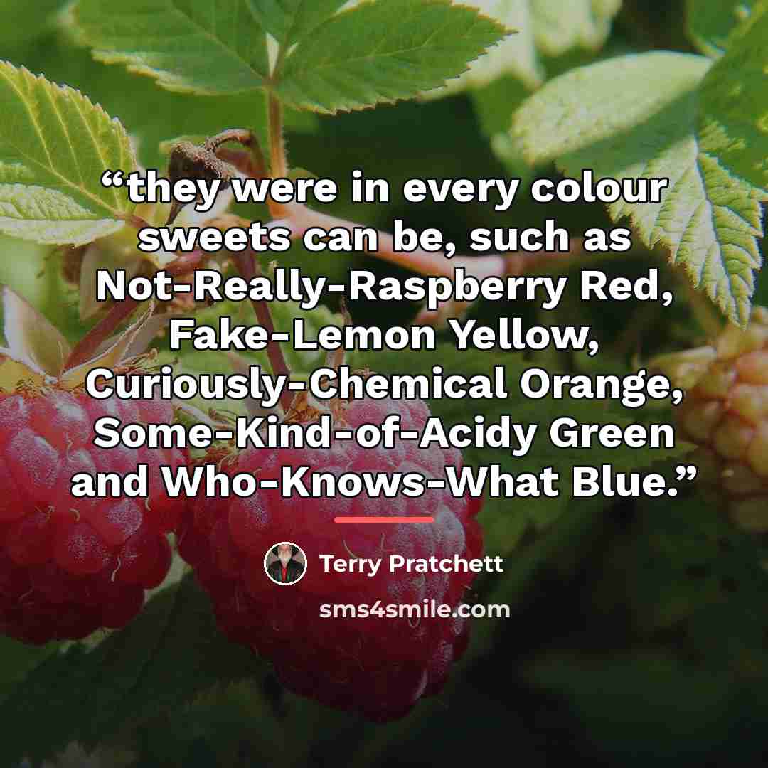 “they were in every colour sweets can be, such as Not-Really-Raspberry Red, Fake-Lemon Yellow, Curiously-Chemical Orange, Some-Kind-of-Acidy Green and Who-Knows-What Blue.” quote by Terry Pratchett