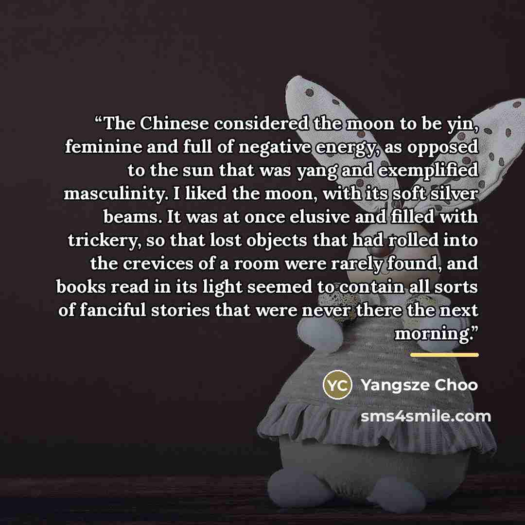 “The Chinese considered the moon to be yin, feminine and full of negative energy, as opposed to the sun that was yang and exemplified masculinity. I liked the moon, with its soft silver beams. It was at once elusive and filled with trickery, so that lost objects that had rolled into the crevices of…” quote by Yangsze Choo