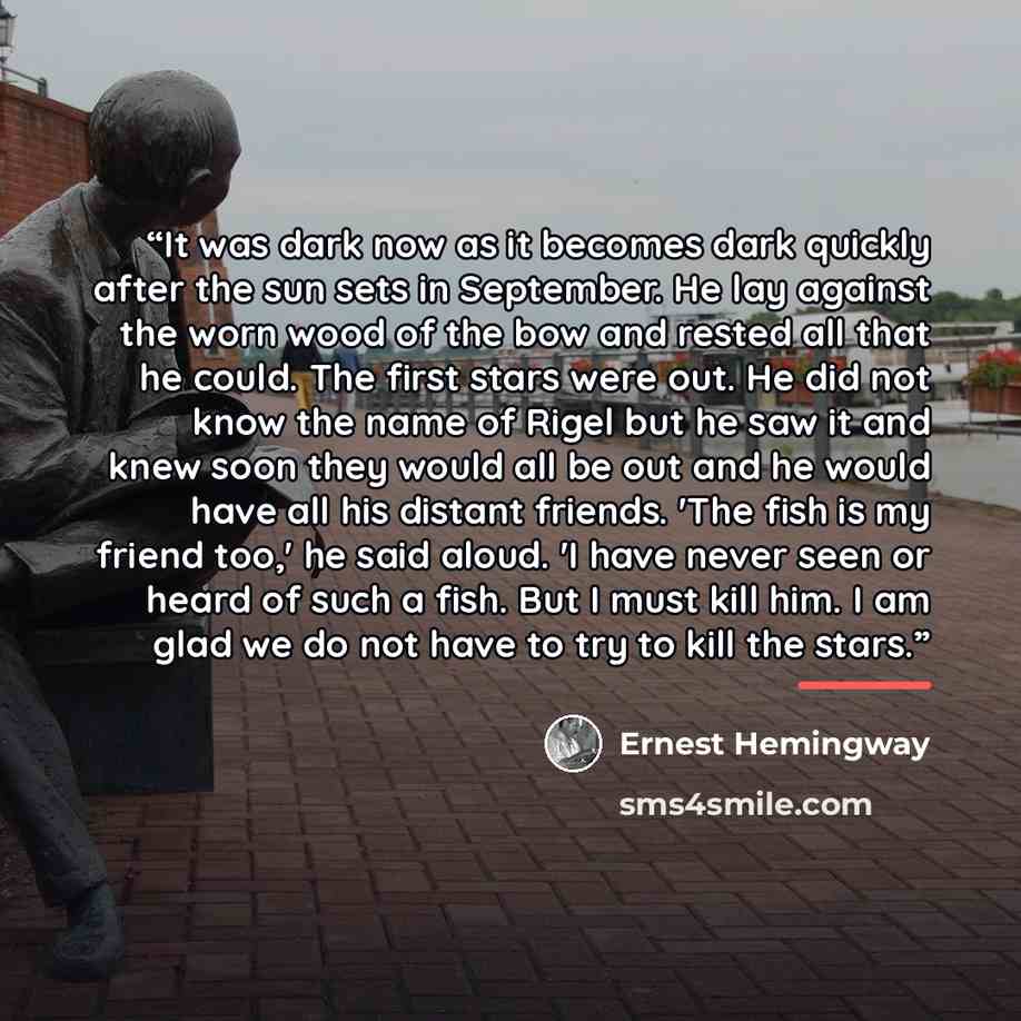 “It was dark now as it becomes dark quickly after the sun sets in September. He lay against the worn wood of the bow and rested all that he could. The first stars were out. He did not know the name of Rigel but he saw it and knew soon they would all be out and he would have all his distant friends…” quote by Ernest Hemingway