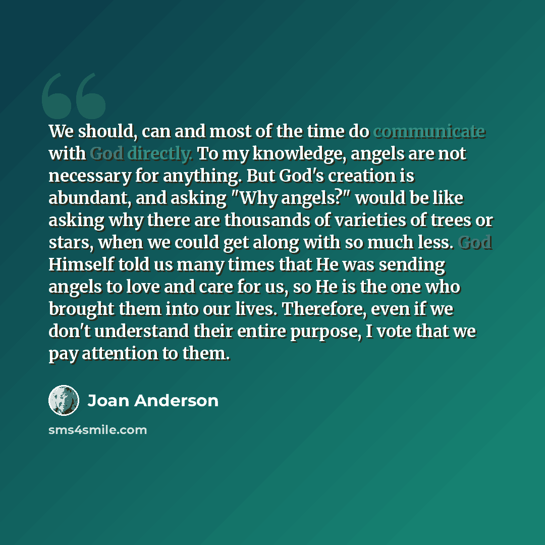 “We should, can and most of the time do communicate with God directly. To my knowledge, angels are not necessary for anything. But God's creation is abundant, and asking "Why angels?" would be like asking why there are thousands of varieties of trees or stars, when we could get along with so much…” quote by Joan Anderson
