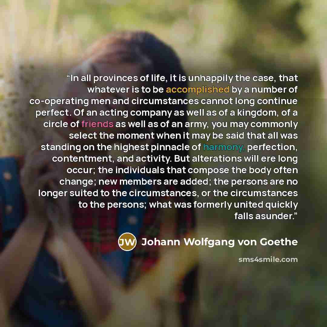 “In all provinces of life, it is unhappily the case, that whatever is to be accomplished by a number of co-operating men and circumstances cannot long continue perfect. Of an acting company as well as of a kingdom, of a circle of friends as well as of an army, you may commonly select the moment…” quote by Johann Wolfgang von Goethe