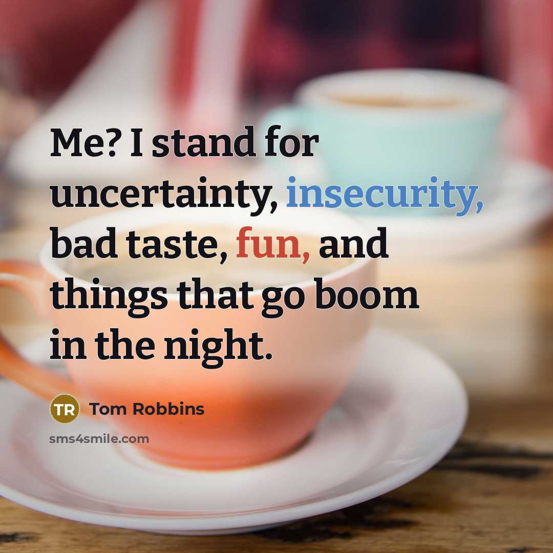 “Me? I stand for uncertainty, insecurity, bad taste, fun, and things that go boom in the night.” quote by Tom Robbins