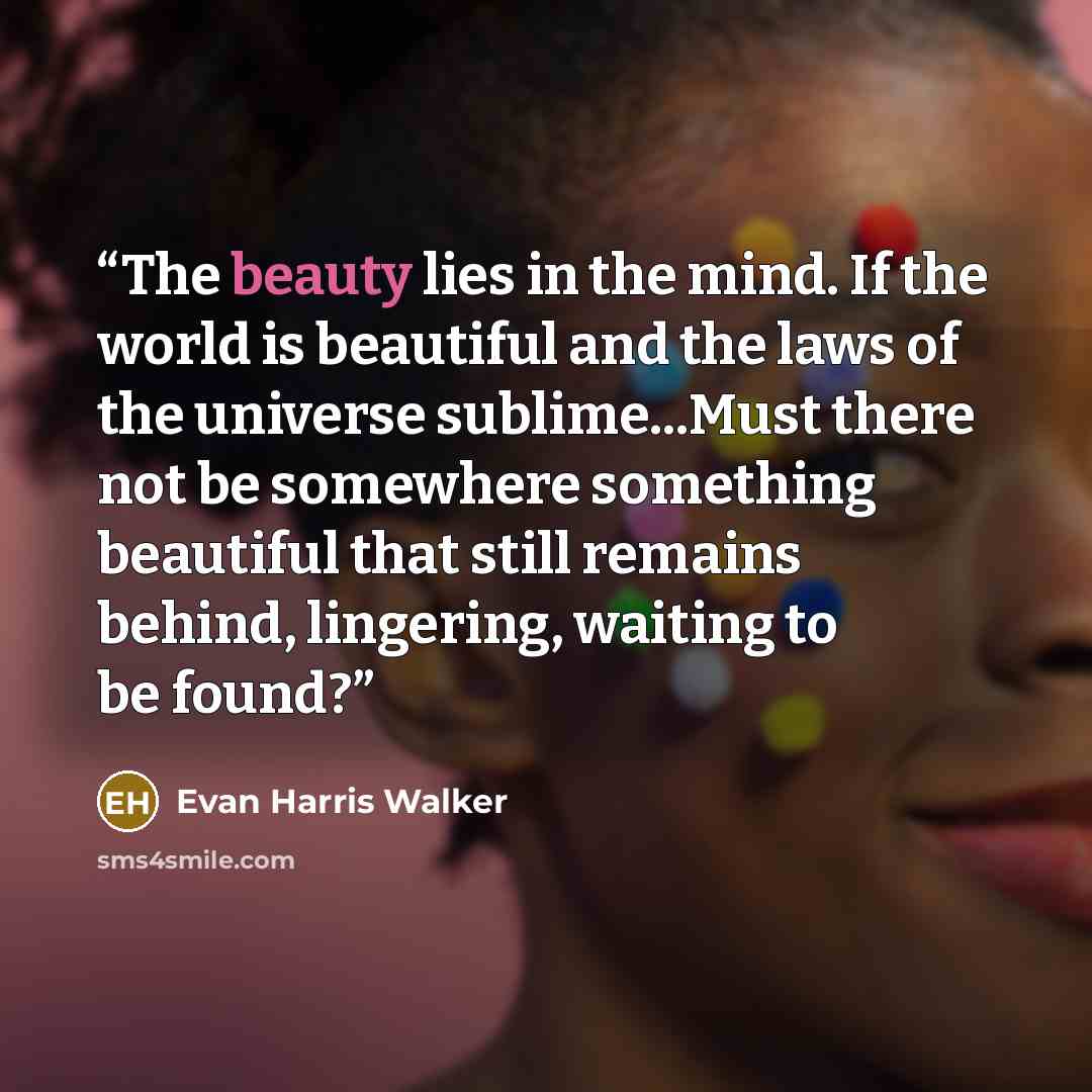“The beauty lies in the mind. If the world is beautiful and the laws of the universe sublime...Must there not be somewhere something beautiful that still remains behind, lingering, waiting to be found?” quote by Evan Harris Walker