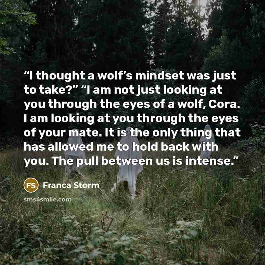 “I thought a wolf’s mindset was just to take?” “I am not just looking at you through the eyes of a wolf, Cora. I am looking at you through the eyes of your mate. It is the only thing that has allowed me to hold back with you. The pull between us is intense.” quote by Franca Storm