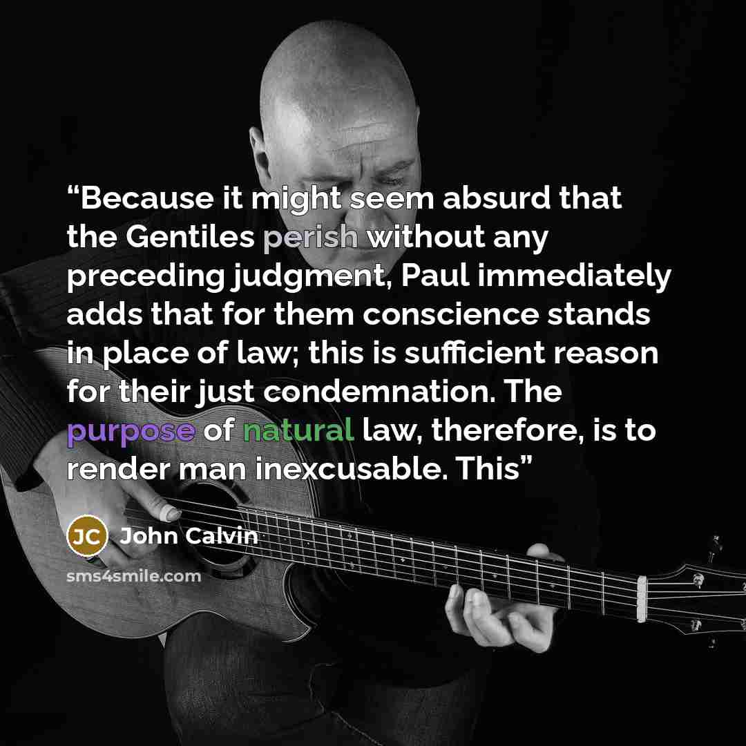 “Because it might seem absurd that the Gentiles perish without any preceding judgment, Paul immediately adds that for them conscience stands in place of law; this is sufficient reason for their just condemnation. The purpose of natural law, therefore, is to render man inexcusable. This” quote by John Calvin