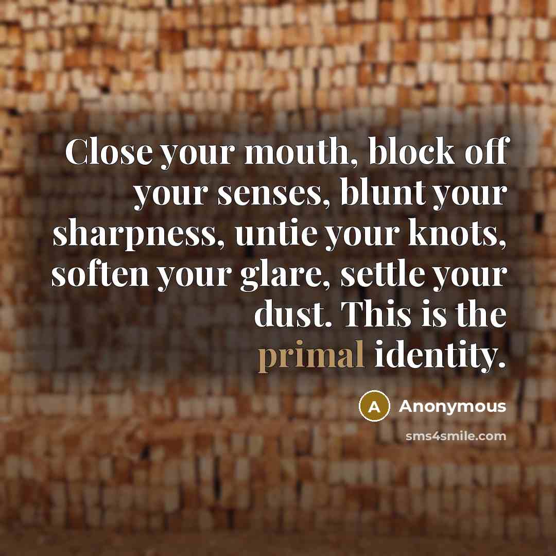 “Close your mouth, block off your senses, blunt your sharpness, untie your knots, soften your glare, settle your dust. This is the primal identity.” quote by Anonymous